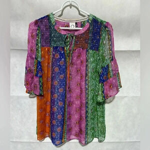 Anthropologie Akemi + Kin Women’s XS Antonella Metallic Peasant Boho Top Blouse
